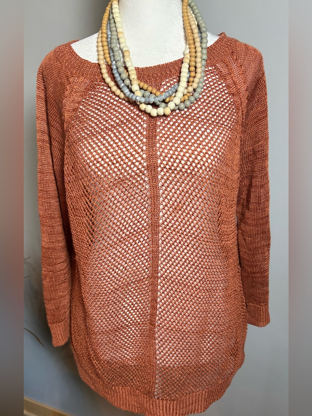 Lauren Ralph Lauren Linen Blend Open Knit Sweater Large Rust Boat Neck